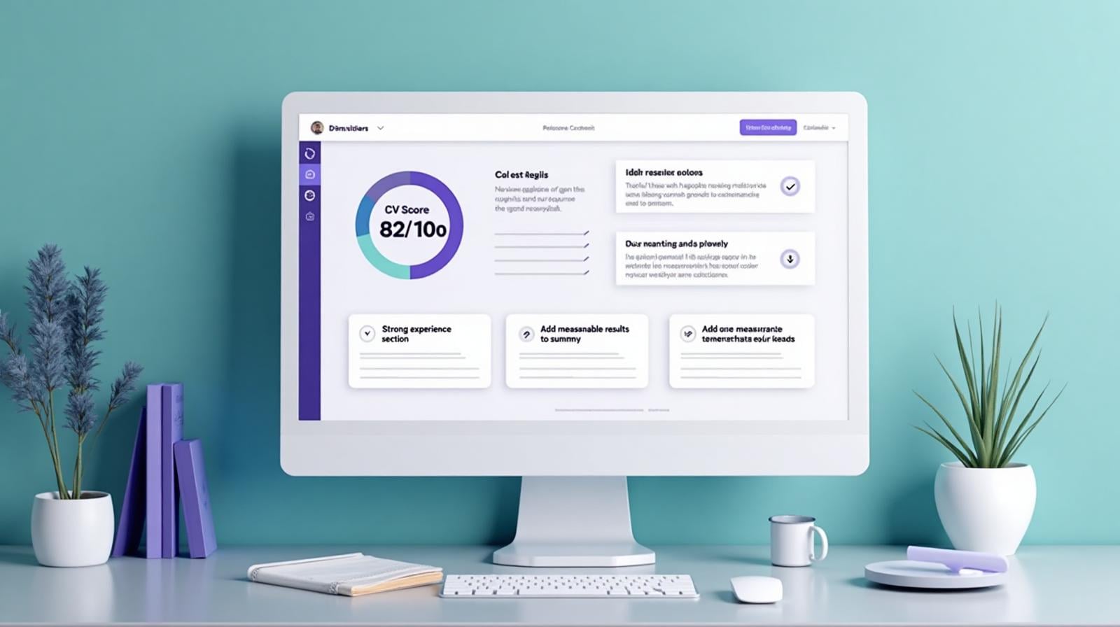 CV Review Dashboard showing score of 82/100 with feedback